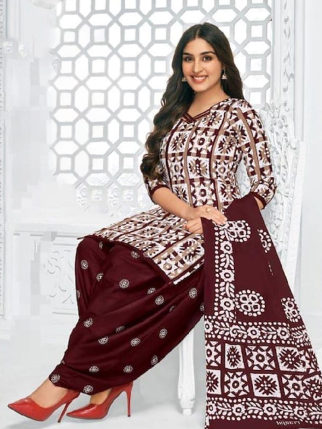 

ZEEPKART Geometric Printed Unstitched Dress Material, White