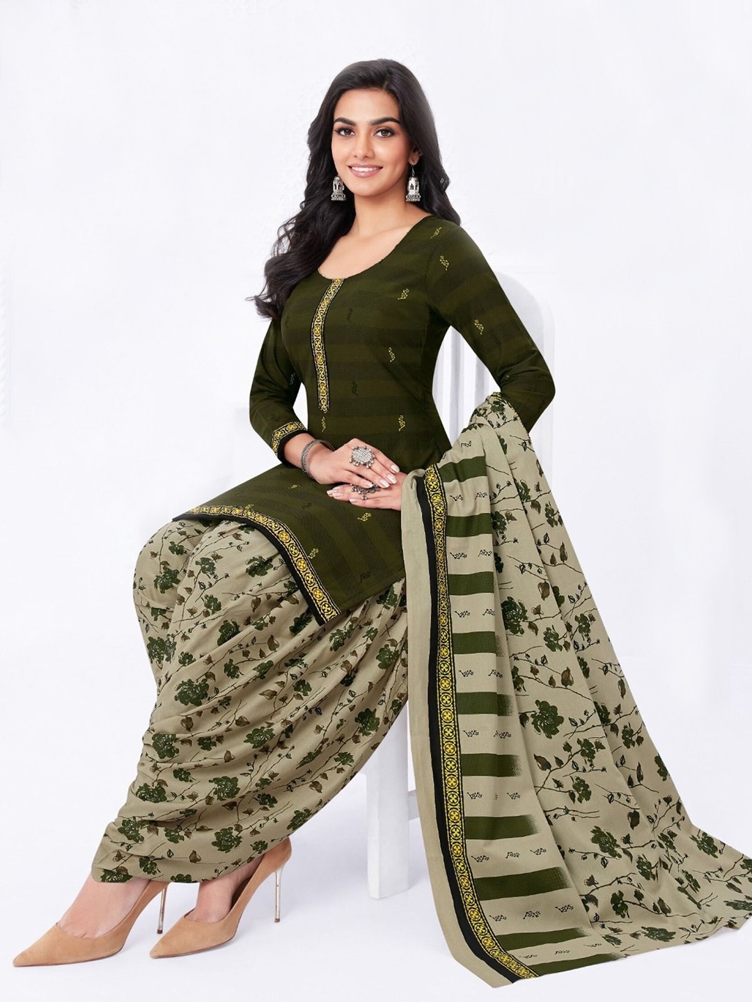 

ZEEPKART Floral Woven Design Unstitched Dress Material, Green