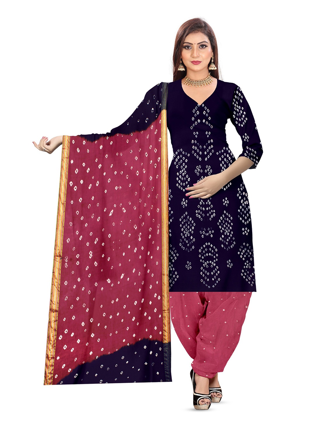 

ZEEPKART Bandhani Printed Unstitched Dress Material, Navy blue