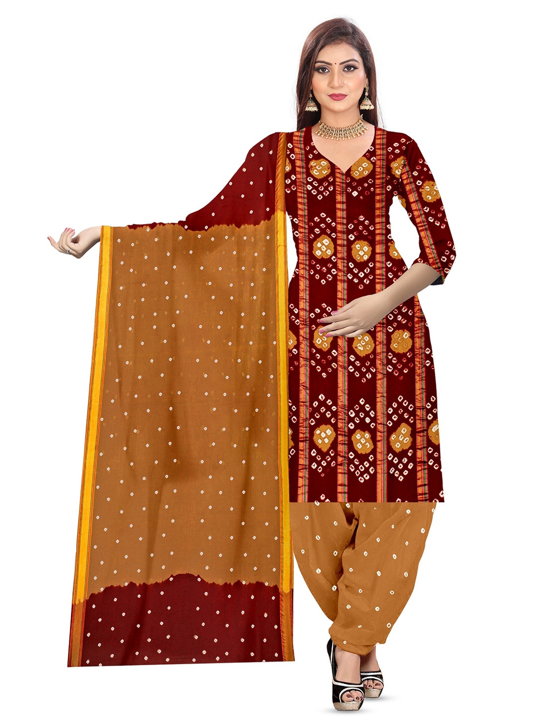 

ZEEPKART Bandhani Printed Unstitched Dress Material, Maroon