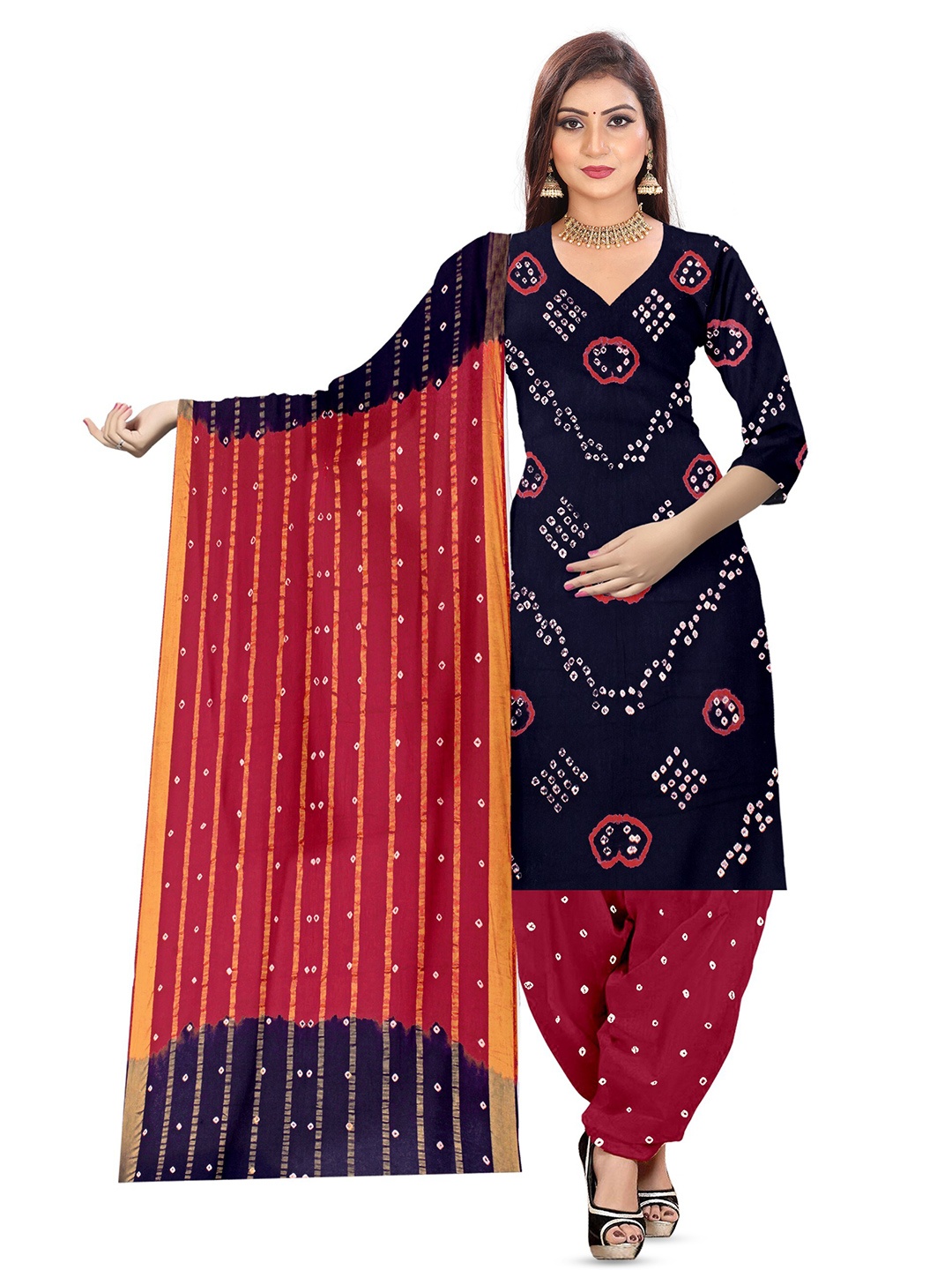 

ZEEPKART Bandhani Printed Unstitched Dress Material, Navy blue
