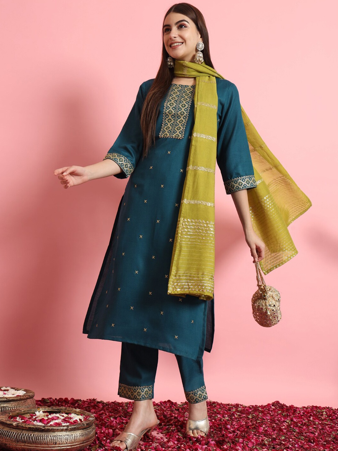 

VredeVogel Ethnic Motifs Embroidered Regular Thread Work Kurta With Trousers & Dupatta, Teal