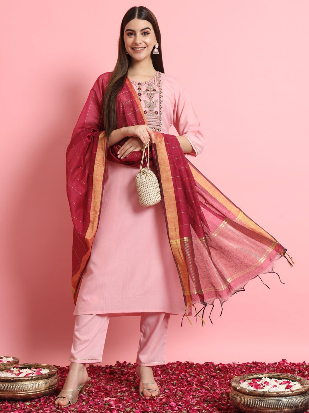 

VredeVogel Floral Embroidered Straight Kurta with Trouser & Dupatta, Pink