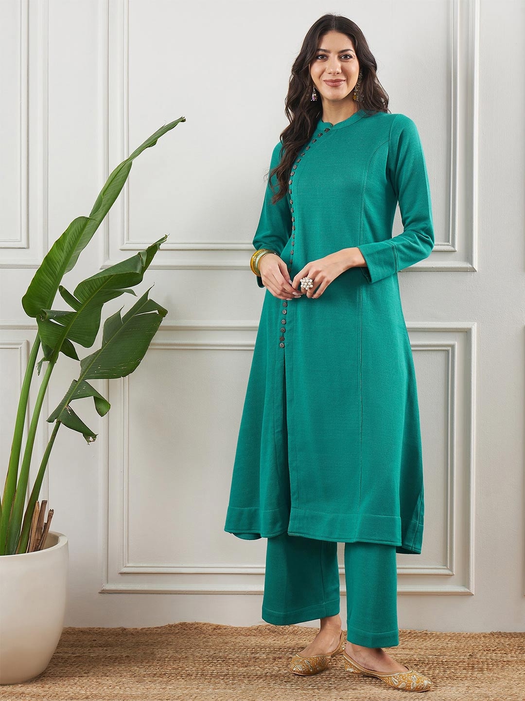 

STADO Band Collar A-Line Kurta with Trousers, Blue