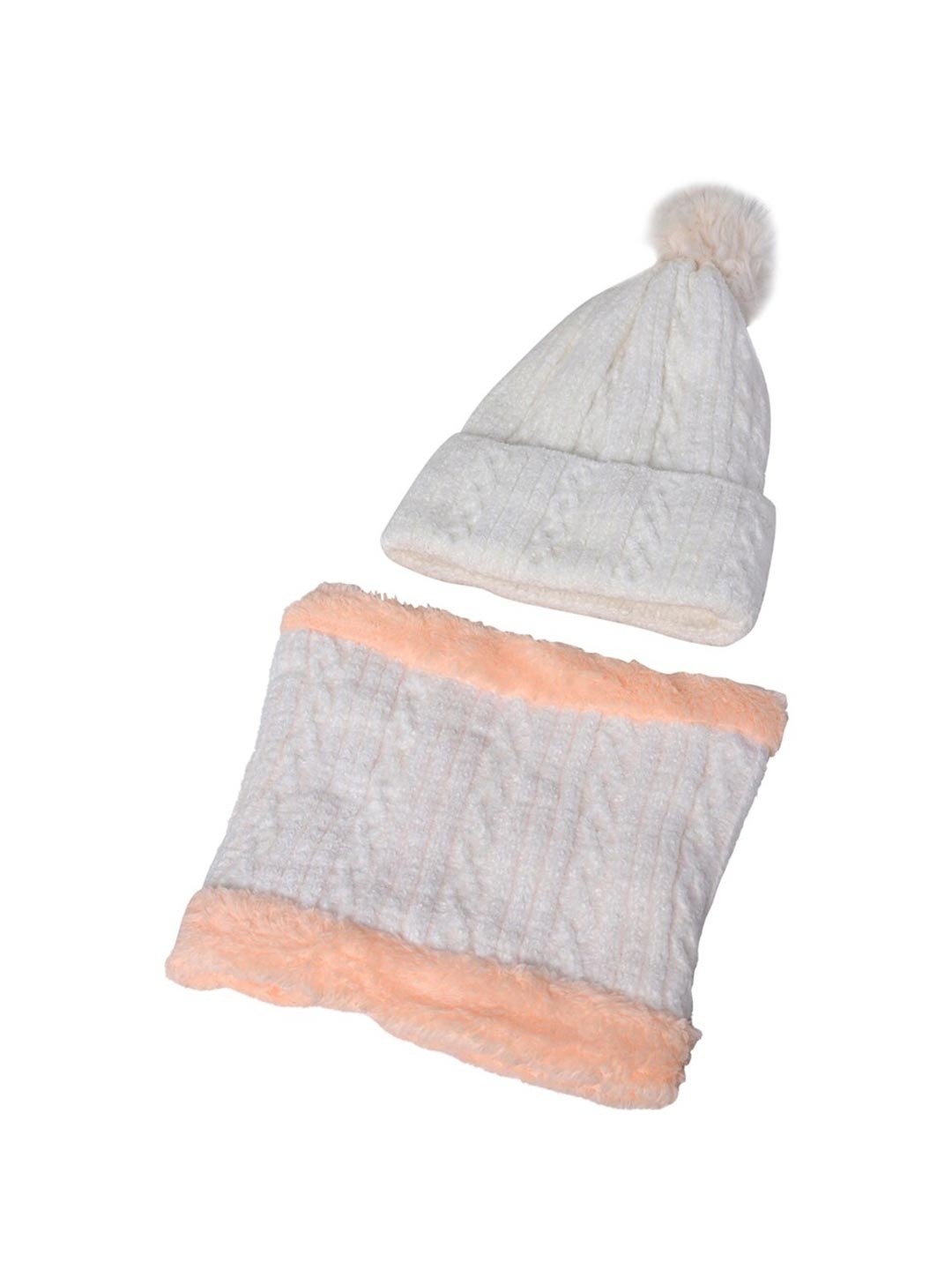 

TEEMOODS Women Self Design Acrylic Beanie Cap With Neck Warmer, White