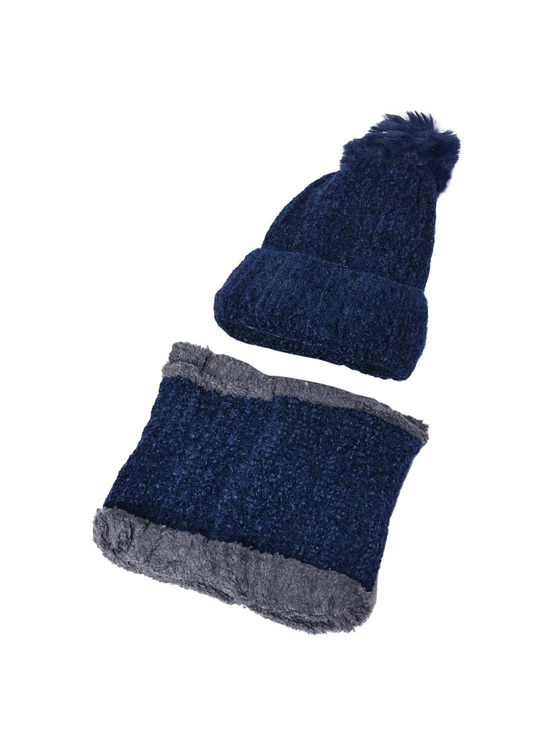

TEEMOODS Women Self Design Acrylic Beanie Cap With Neck Warmer, Navy blue
