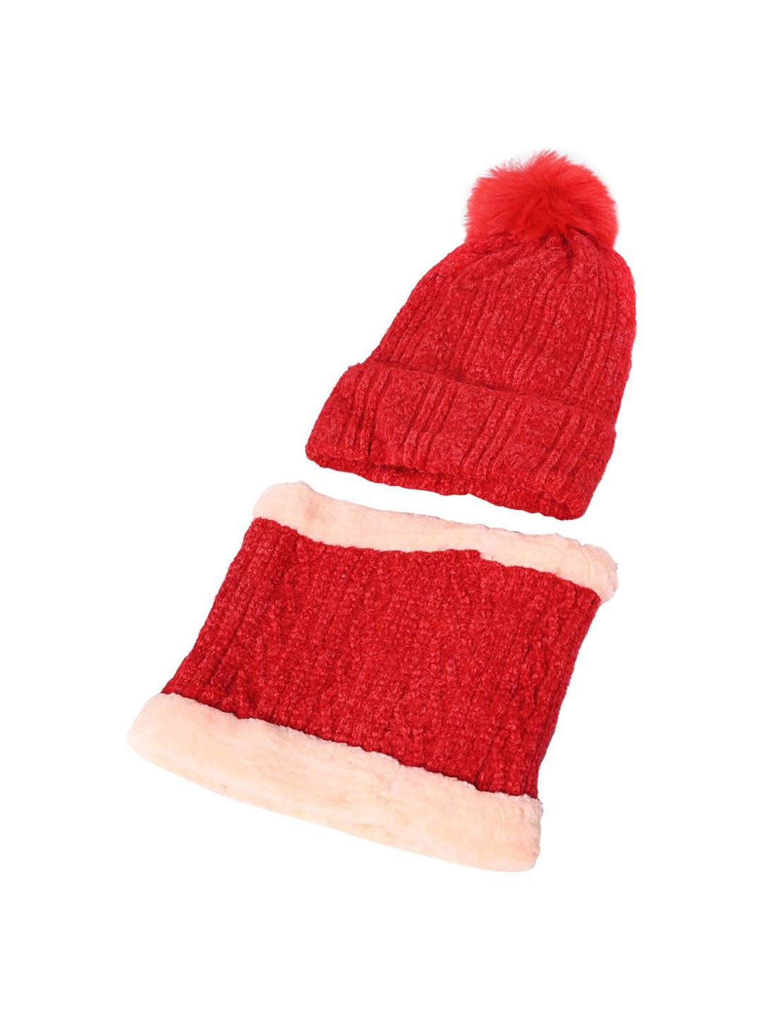

TEEMOODS Self Design Acrylic Beanie with Neck Warmer, Red