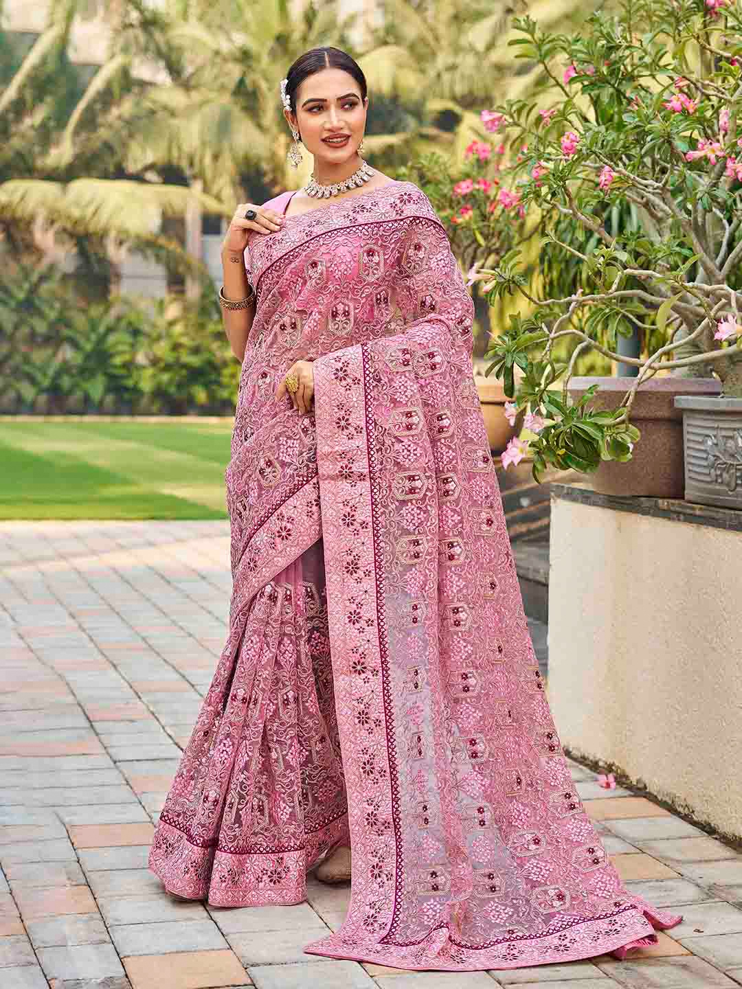 

Chandbaali Floral Embroidered Net Patola Saree, Pink