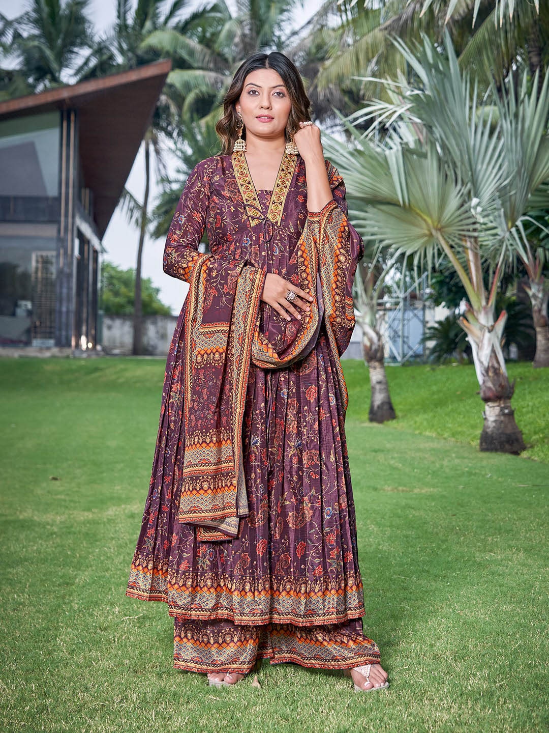 

Chandbaali Paisley Printed Pleated Thread Work Kurta with Palazzo & Dupatta, Purple