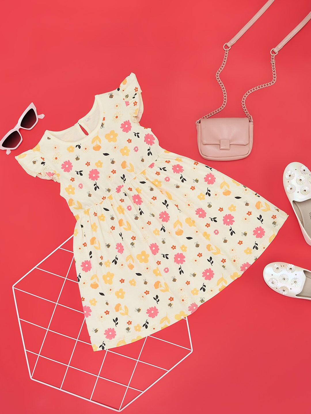 

YU by Pantaloons Girls Floral Printed Fit & Flare Dress, Peach