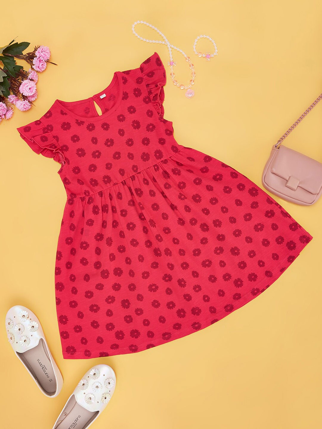 

YU by Pantaloons Girls Polka Dot Printed Fit & Flare Dress, Pink