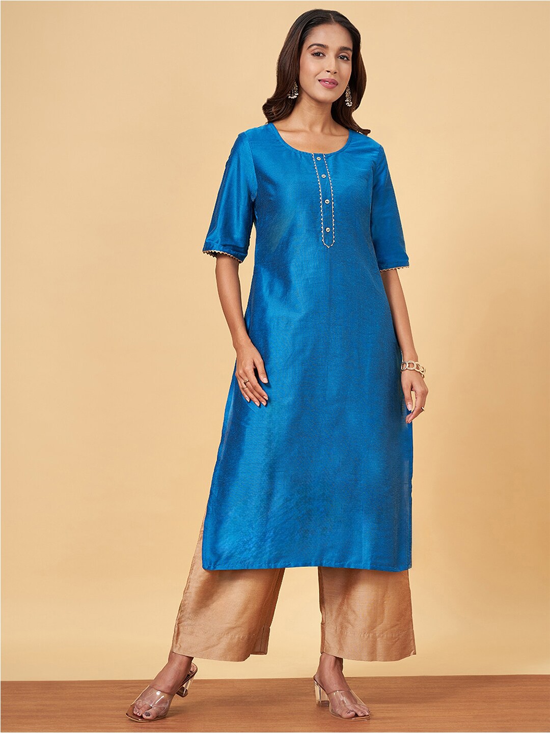 

YU by Pantaloons Zari Round Neck A-Line Kurta, Blue