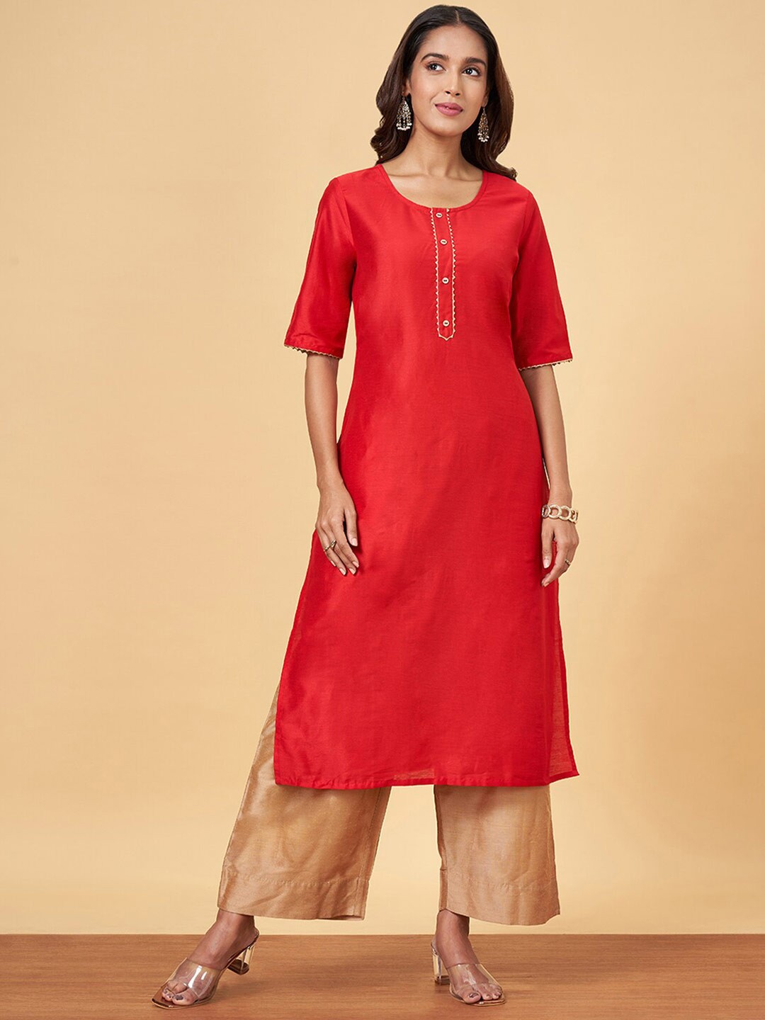 

YU by Pantaloons Yoke Design Round Neck Gotta Patti Straight Casual Kurta, Red