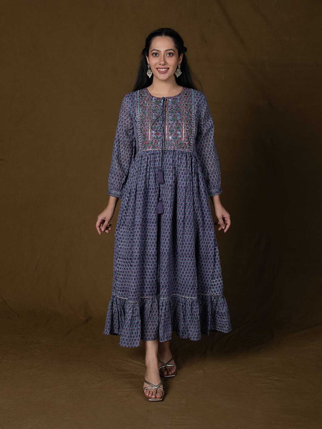 

Mulmul Floral Printed Tie Up Neck Embroidered Cotton Fit and Flare Midi Ethnic Dress, Purple