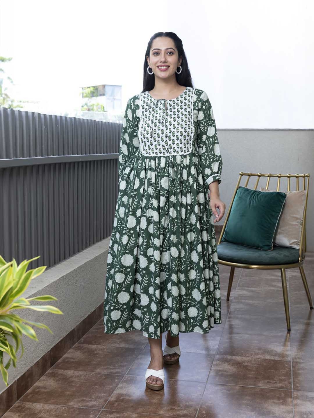 

Mulmul Floral Printed Lace Fit & Flare Cotton Maxi Dress, Green