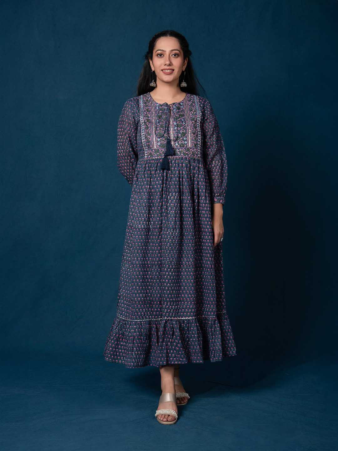 

Mulmul Ethnic Motifs Printed Tie-Up Neck Puff Sleeve Gathered Cotton Maxi Dress, Blue