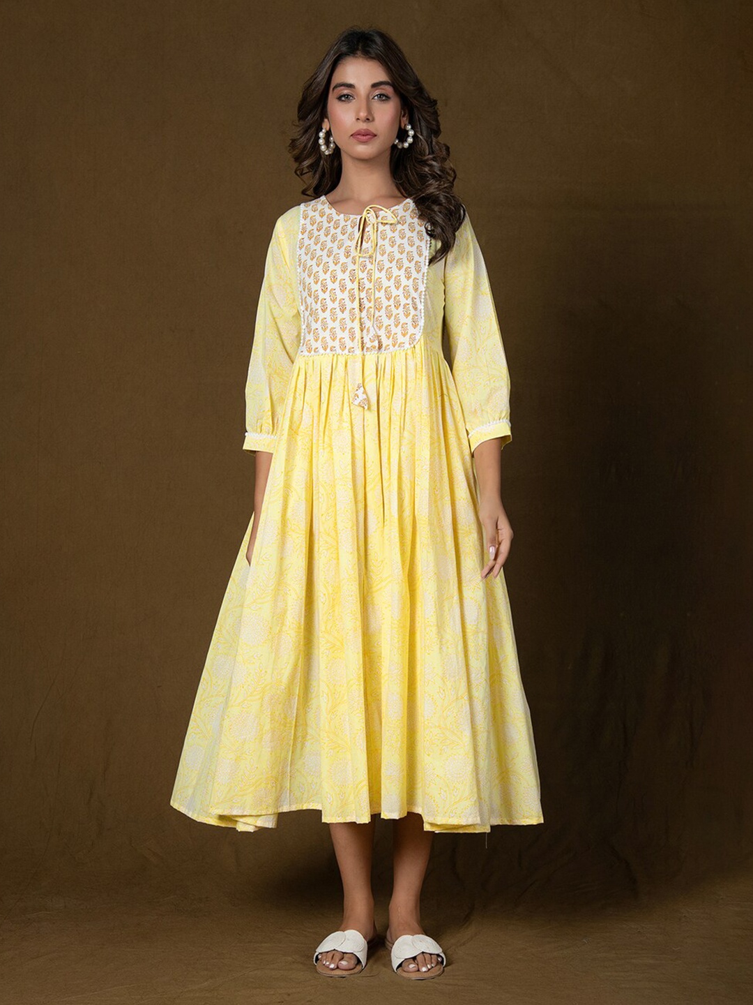 

Mulmul Ethnic Motifs Print Lace A-Line Maxi Dress, Yellow