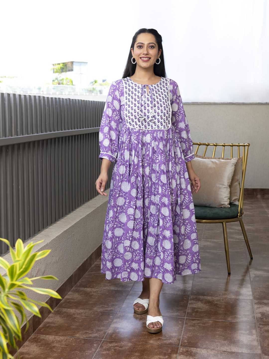 

Mulmul Floral Printed Tie-Up Neck Puff Sleeve Lace A-Line Cotton Maxi Dress, Purple