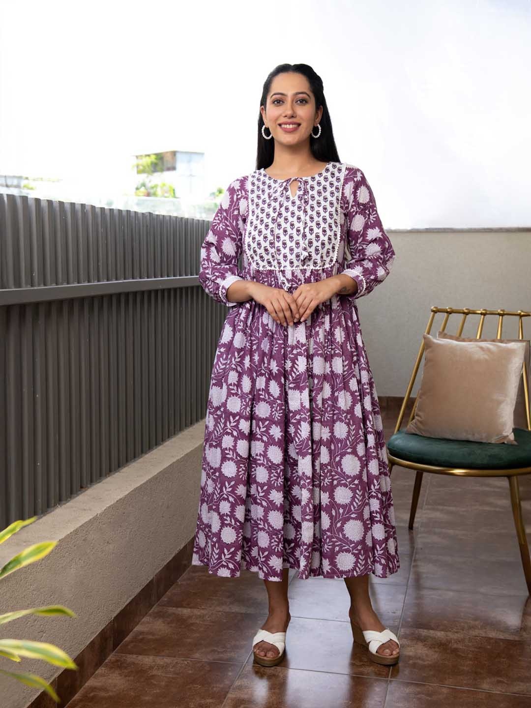 

Mulmul Floral Printed Tie-Up Neck Lace Fit & Flare Cotton Maxi Dress, Violet