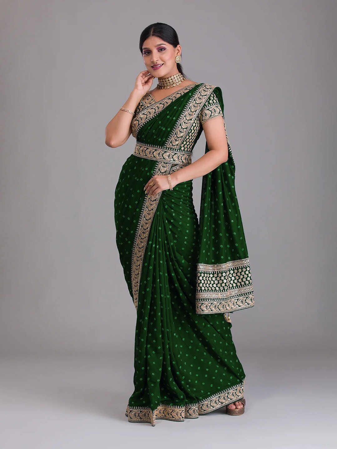 

J.KANJI Polka Dot Embroidered Art Silk Bandhani Saree, Green