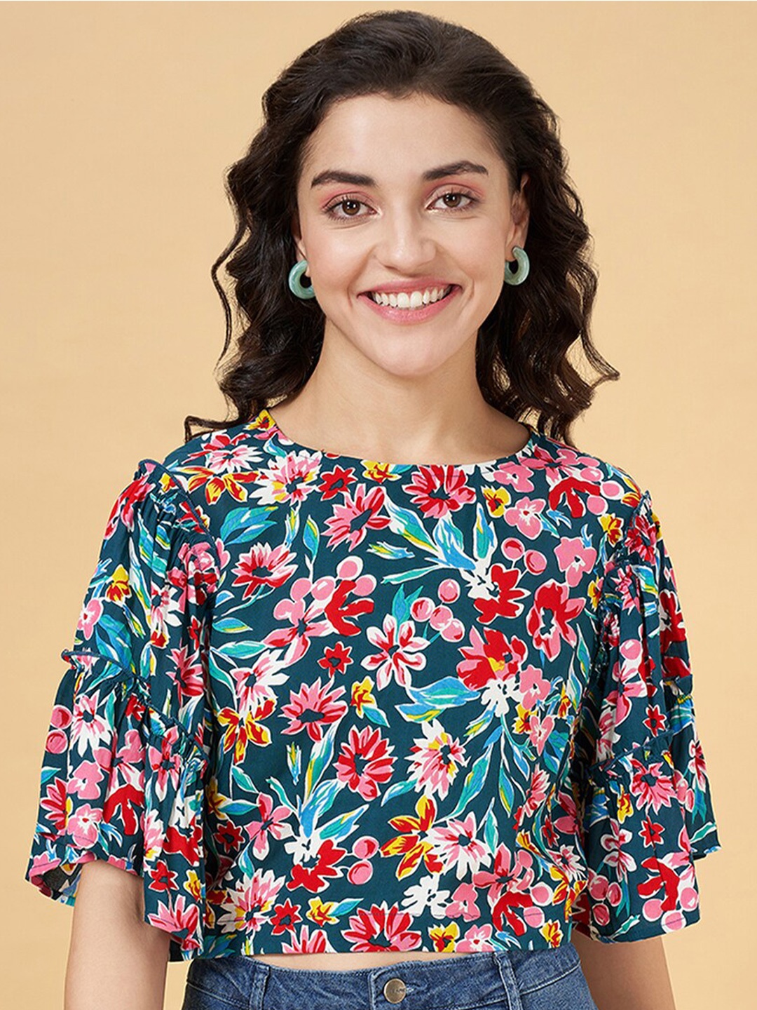 

YU by Pantaloons Floral Printed Flared Sleeve Crop Top, Blue