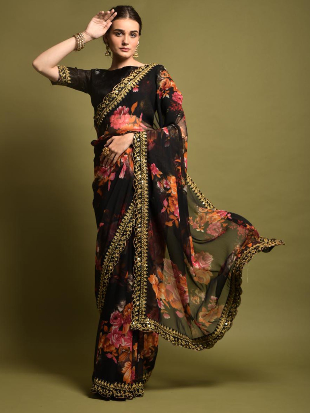 

J.KANJI Floral Printed Embroidered Sequinned Chettinad Saree, Black