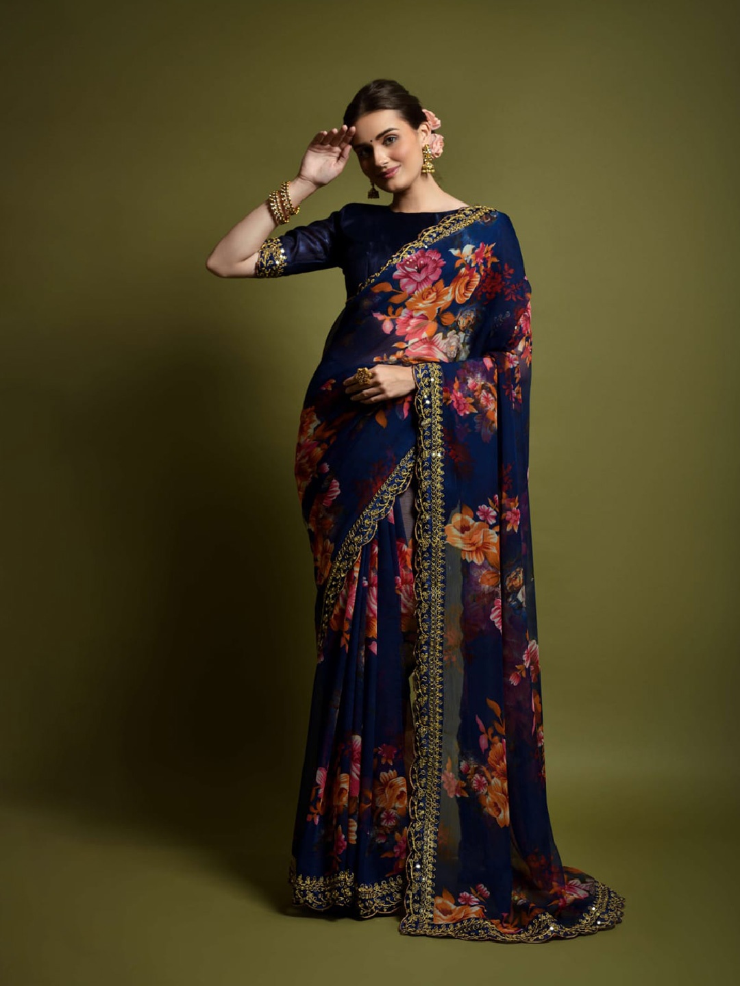

J.KANJI Floral Printed Embroidered Zardozi Chettinad Saree, Blue