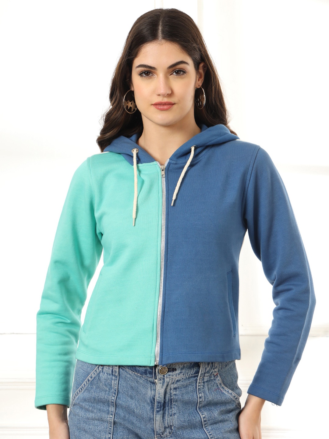 

CHARMGAL Colourblocked Hooded Cotton Front Open Sweatshirt, Blue