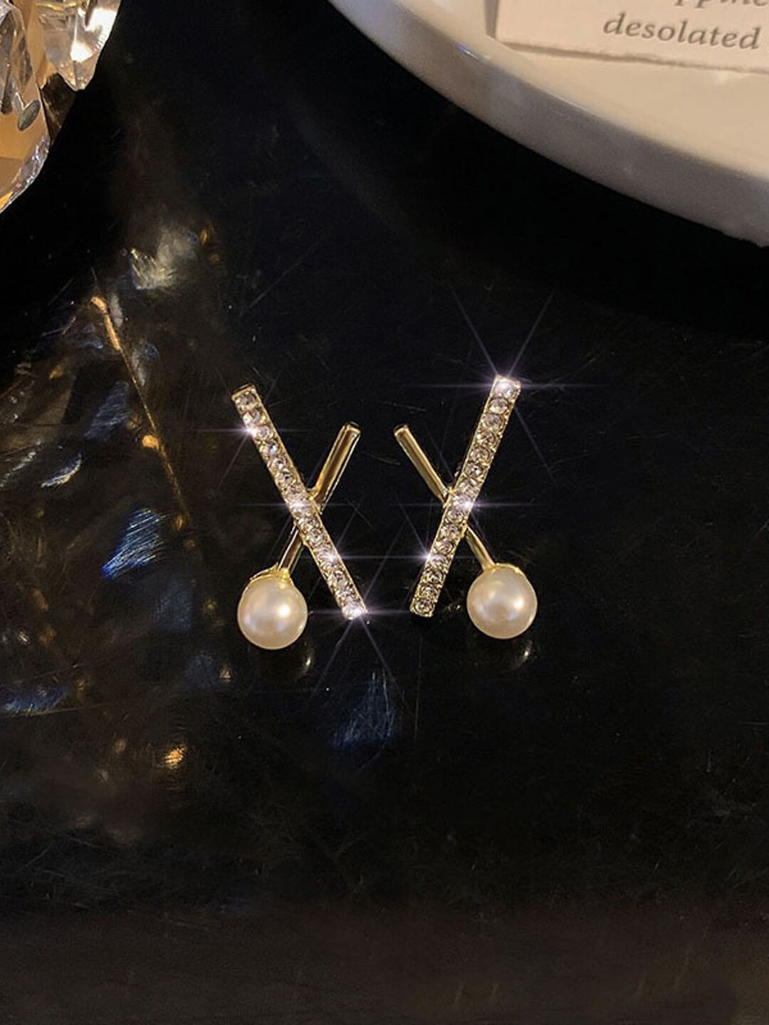 

FIMBUL Gold-Plated & Cross-shaped Pearl Stone- Studded Studs Earrings