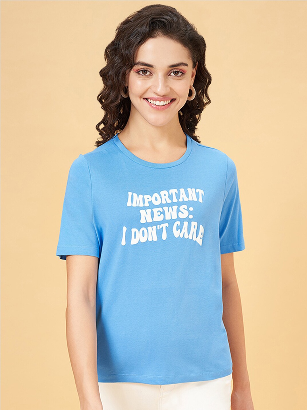 

People Blue Typography Printed Applique Cotton T-shirt