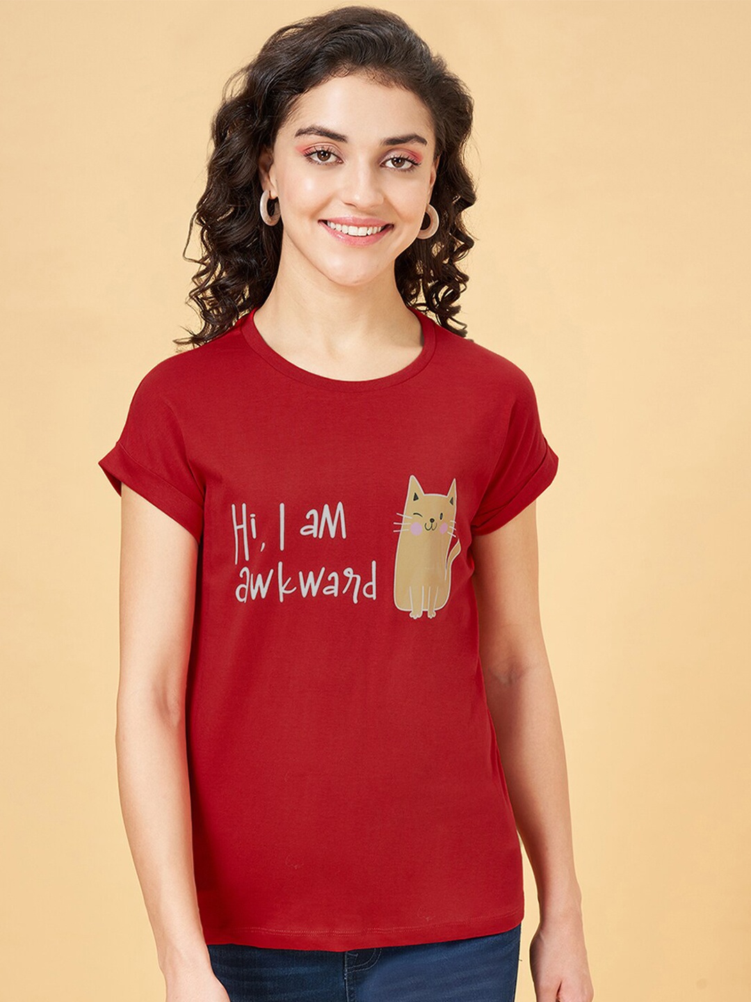 

People Typography Printed Extended Sleeves Cut Outs T-shirt, Red