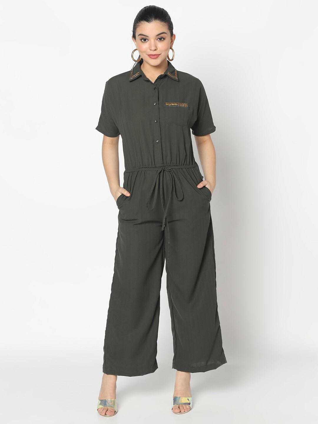 

SQew Shirt Collar Basic Jumpsuit, Olive