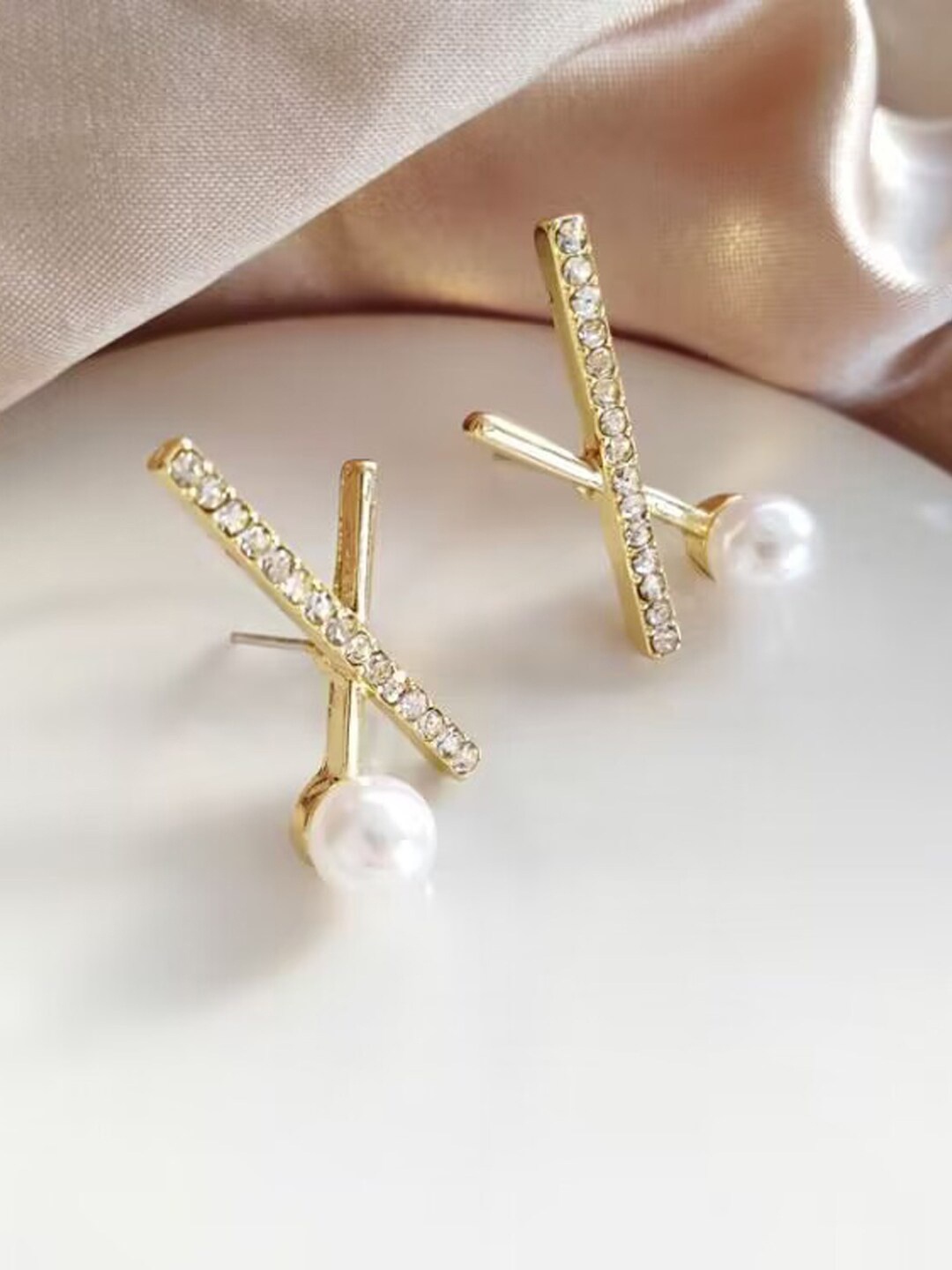 

Krelin Gold-Plated Cross-shaped Pearl Studded Studs Earrings, White