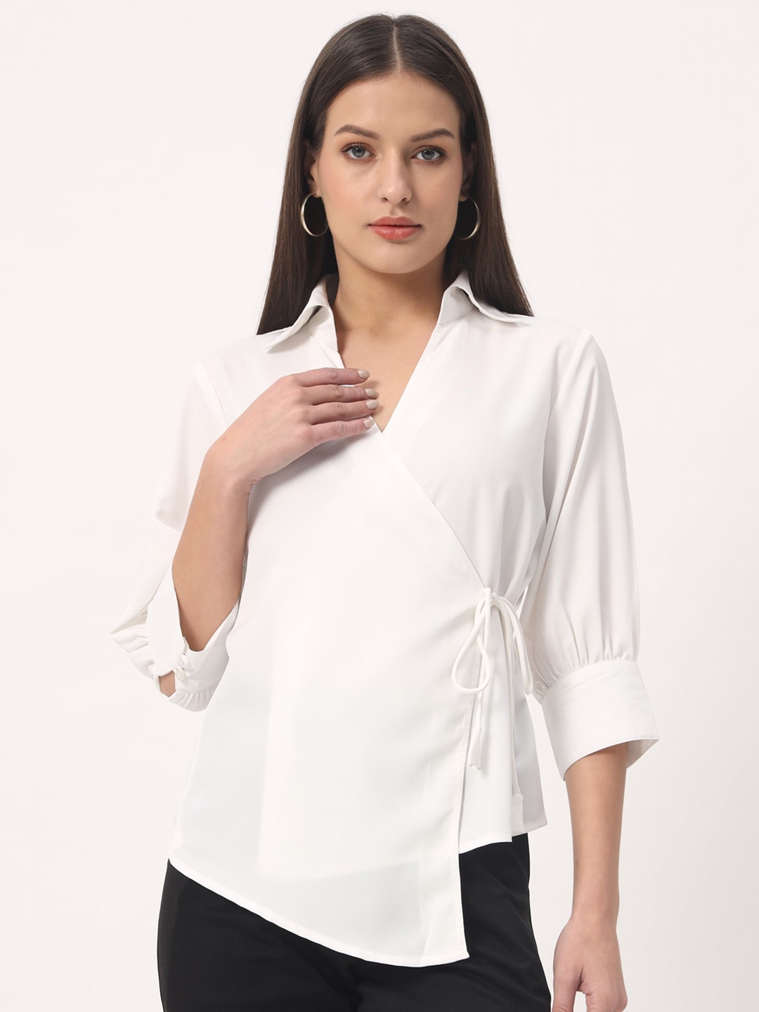 

angloindu Shirt Collar Opaque Casual Wrap Top, White