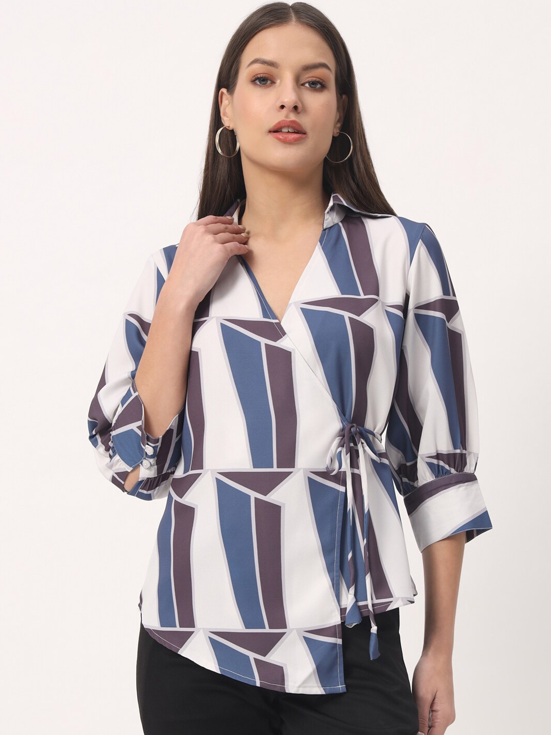 

angloindu Geometric Printed Shirt Collar Wrap Casual Top, White