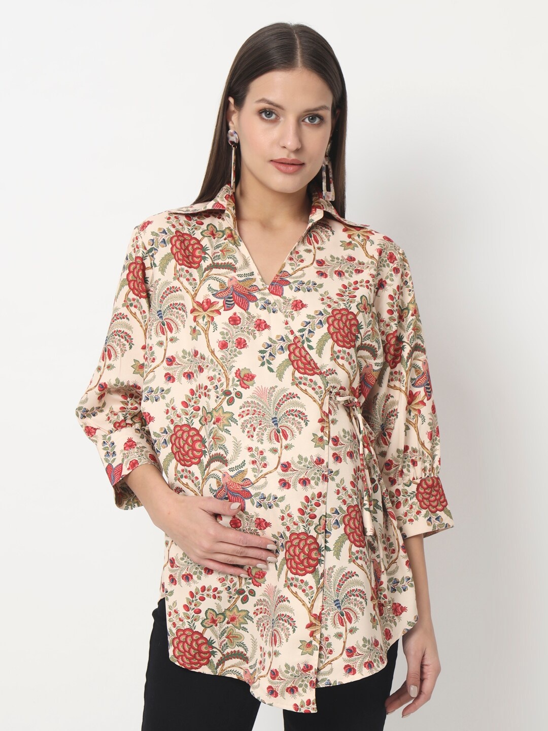 

angloindu Floral Printed Shirt Collar Maternity Wrap Top, Beige