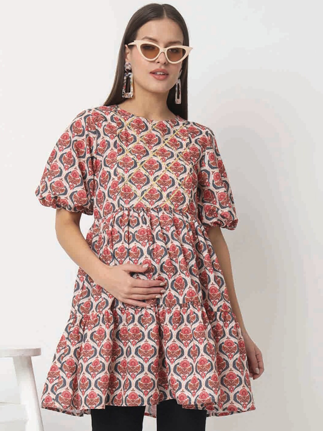 

angloindu Ethnic Motifs Printed Round Neck Maternity A-Line Top, Beige