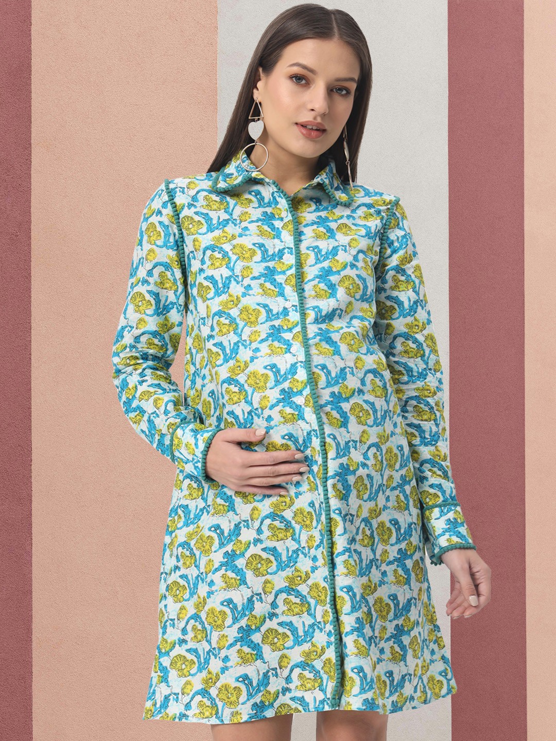 

angloindu Floral Printed Embellished Maternity Shirt Dress, Blue