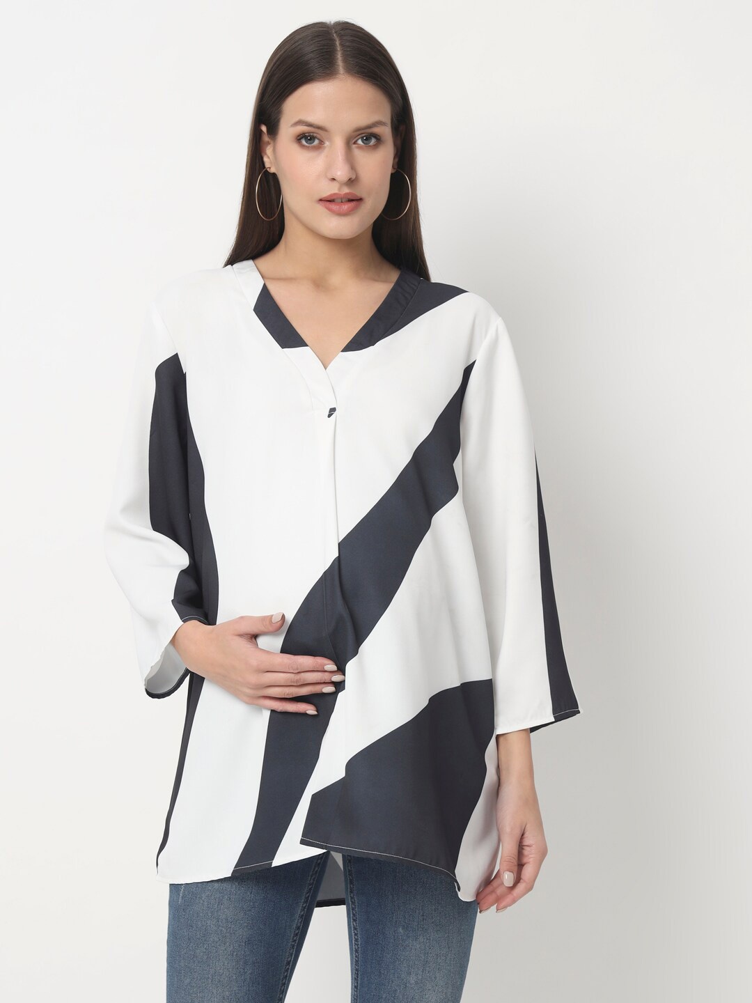 

angloindu Colourblocked Shirt Style Maternity Longline Top, White
