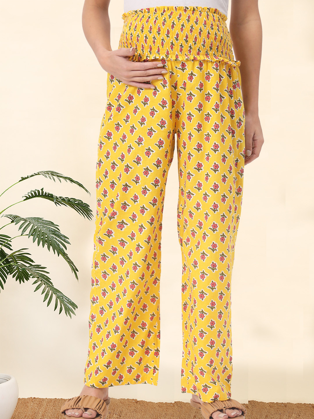 

angloindu Women Printed Straight Fit High-Rise Easy Wash Pure Cotton Maternity Trousers, Yellow