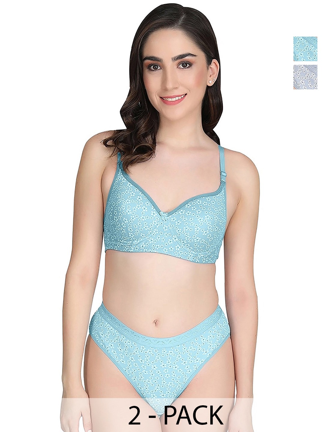 

PIBU Pack Of 2 Printed Cotton Lingerie Set, Blue