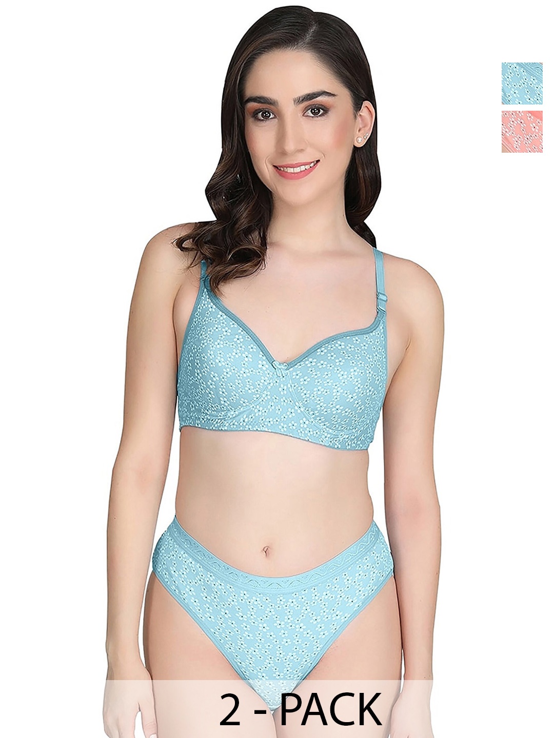 

PIBU Pack Of 2 Printed Cotton Lingerie Set, Blue