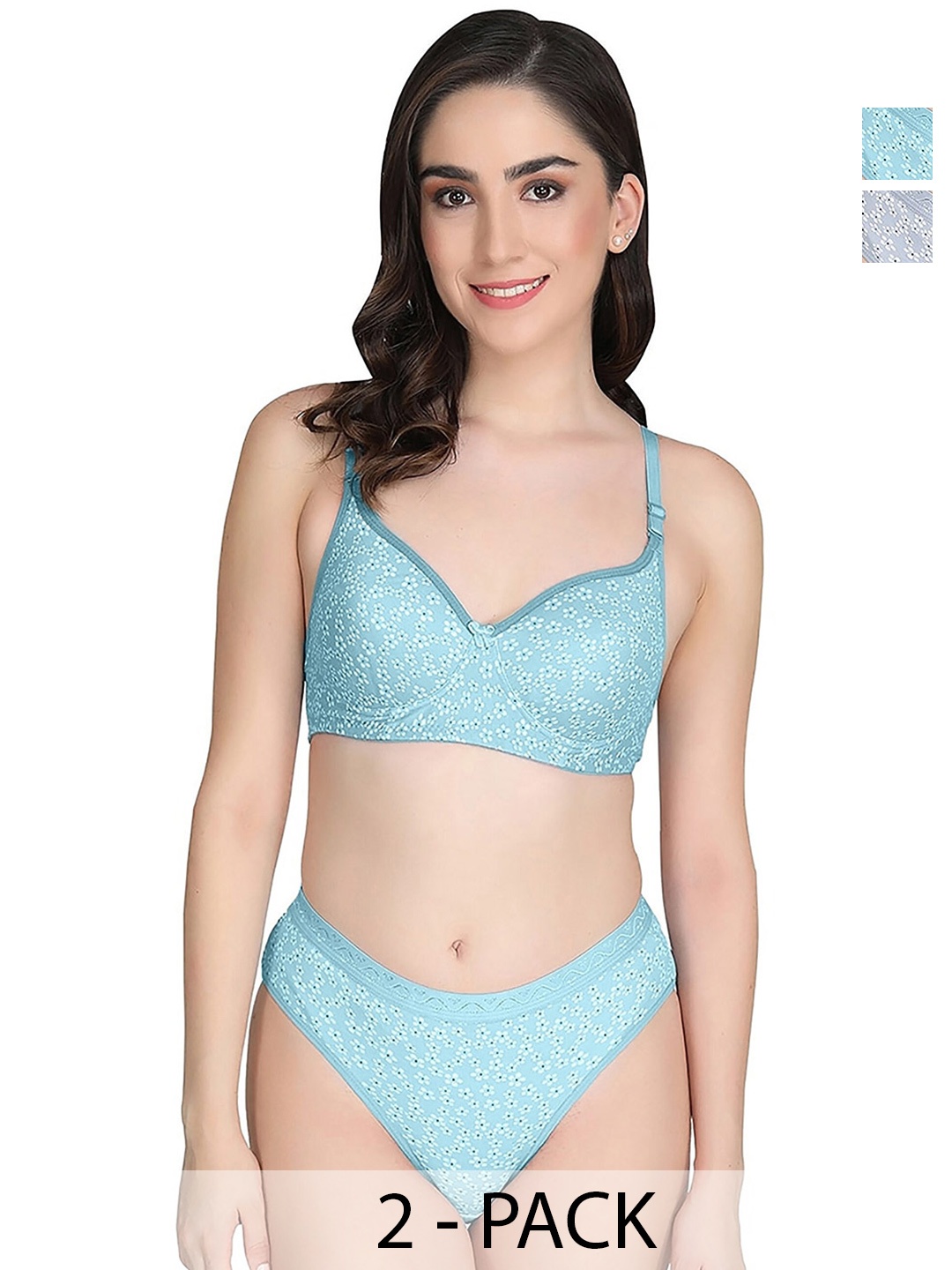 

Aamarsh Pack Of 2 Printed Lightly Padded Cotton Bra With Briefs, Blue