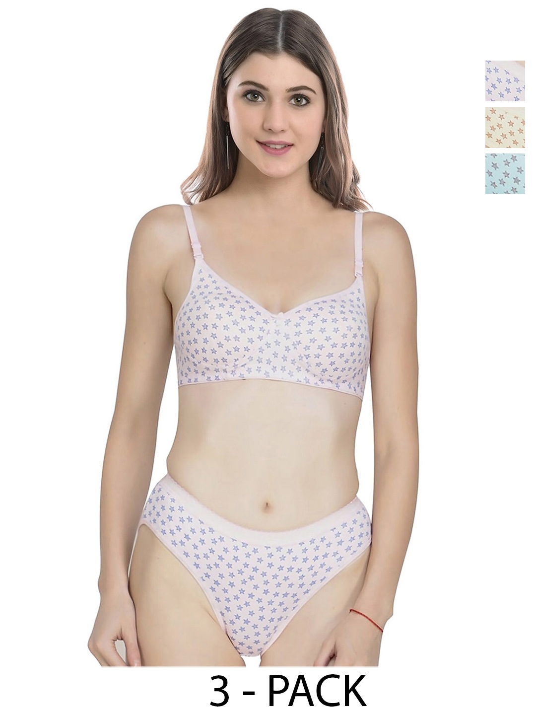 

AROUSY Pack Of 3 Printed Cotton Lingerie Set, Pink