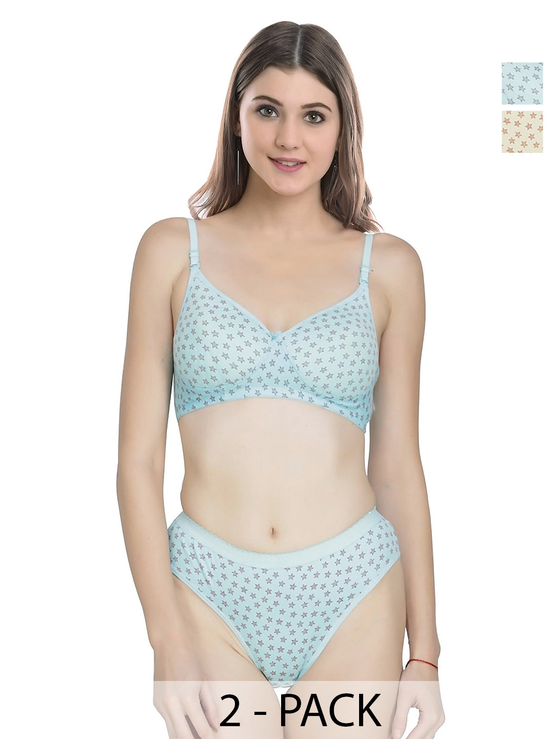 

PIBU Pack Of 2 Printed Cotton Lingerie Set, Blue