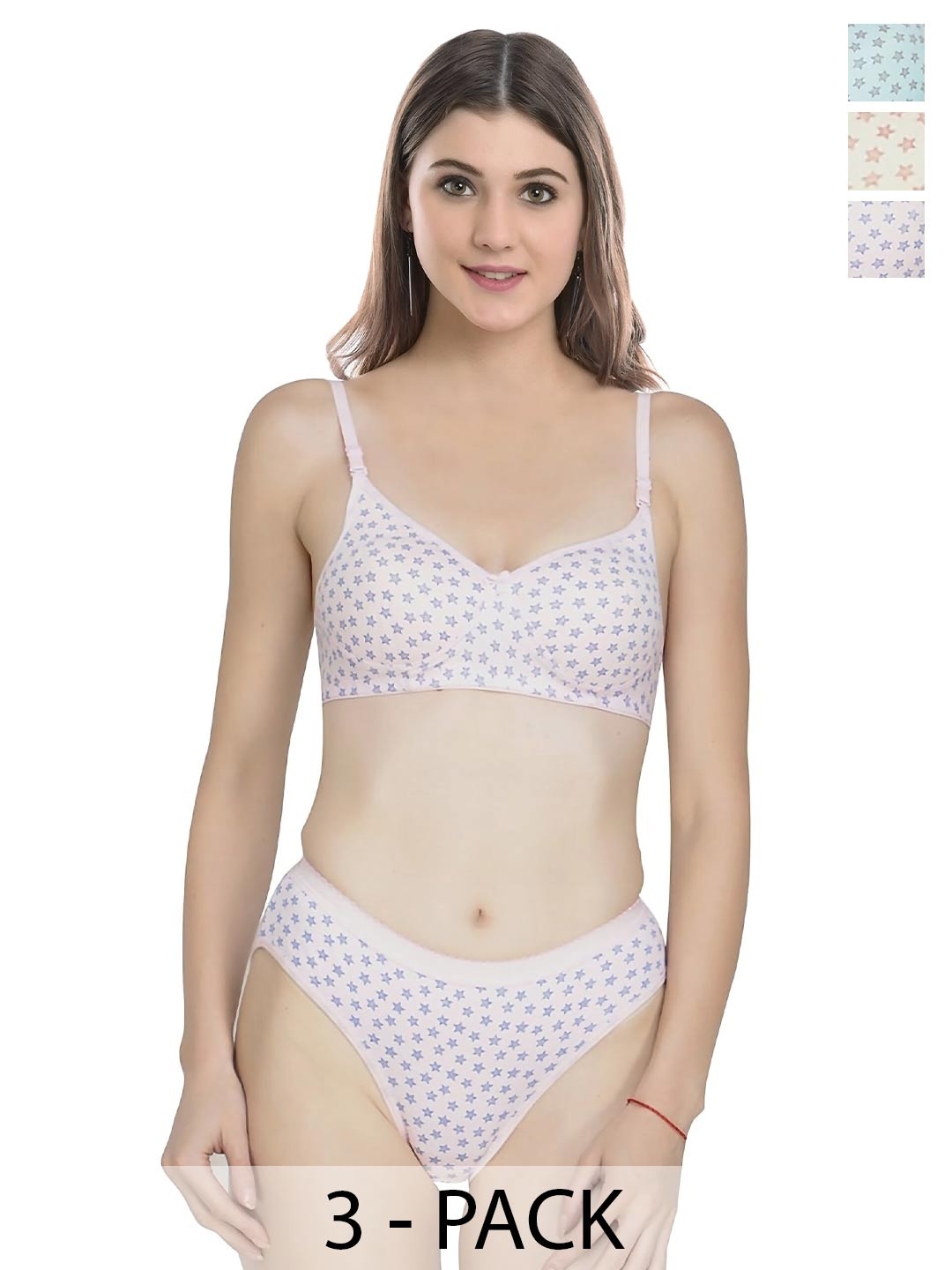 

Aamarsh Pack Of 3 Printed Lightly Padded Cotton Bra With Briefs, Pink