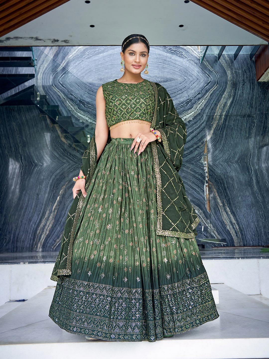 

Chandbaali Printed Mirror Work Detail Ready to Wear Lehenga & Blouse With Dupatta, Green