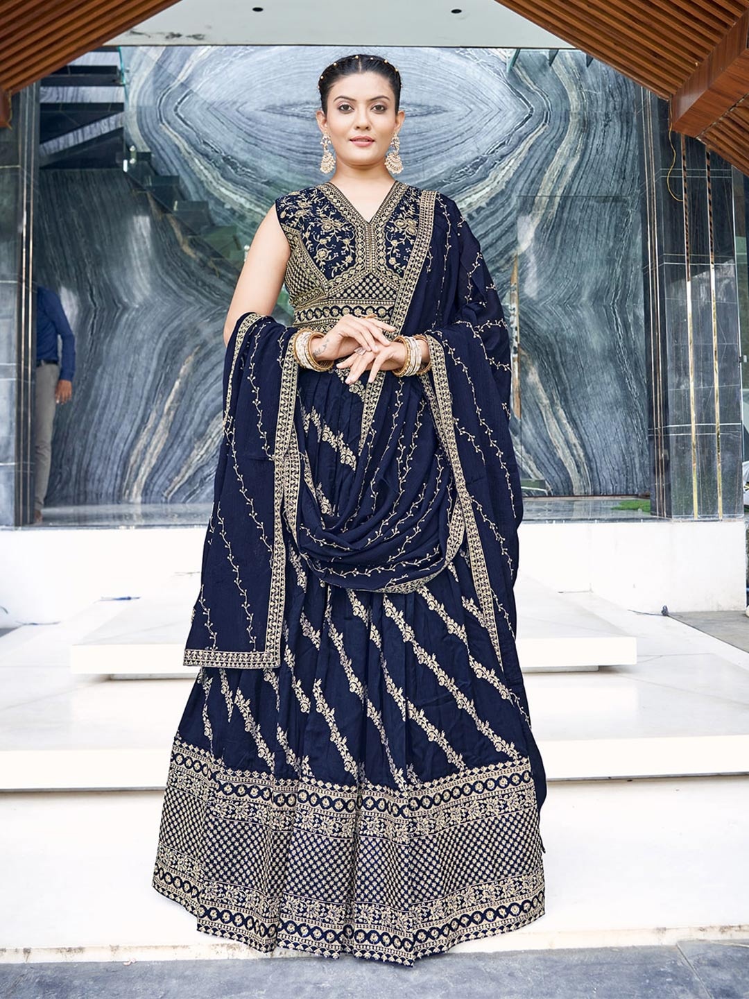 

Chandbaali Embroidered Sequined Ready to Wear Lehenga & Blouse With Dupatta, Navy blue