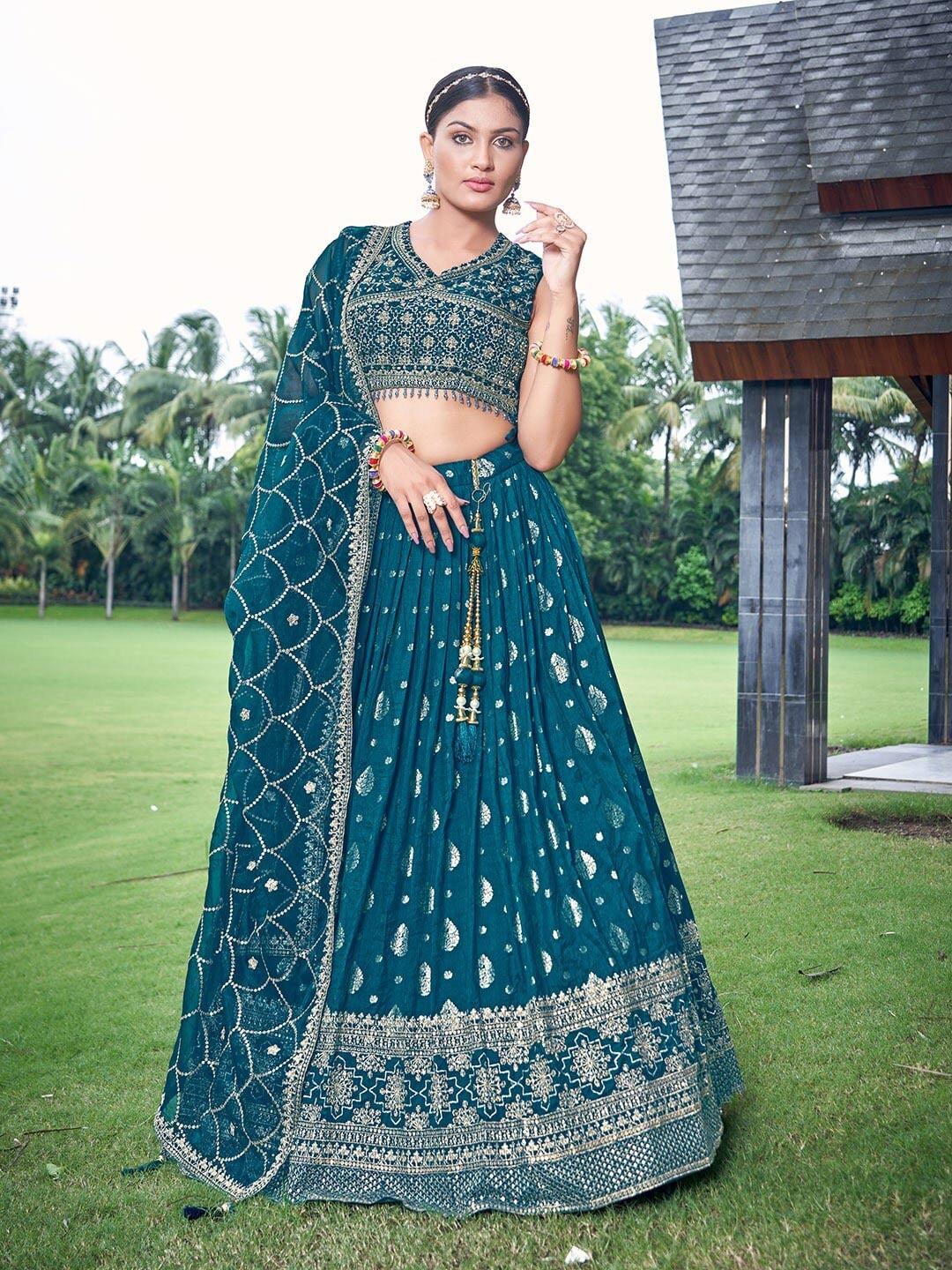 Chandbaali Embroidered Sequined Ready to Wear Lehenga & Blouse With Dupatta, Blue