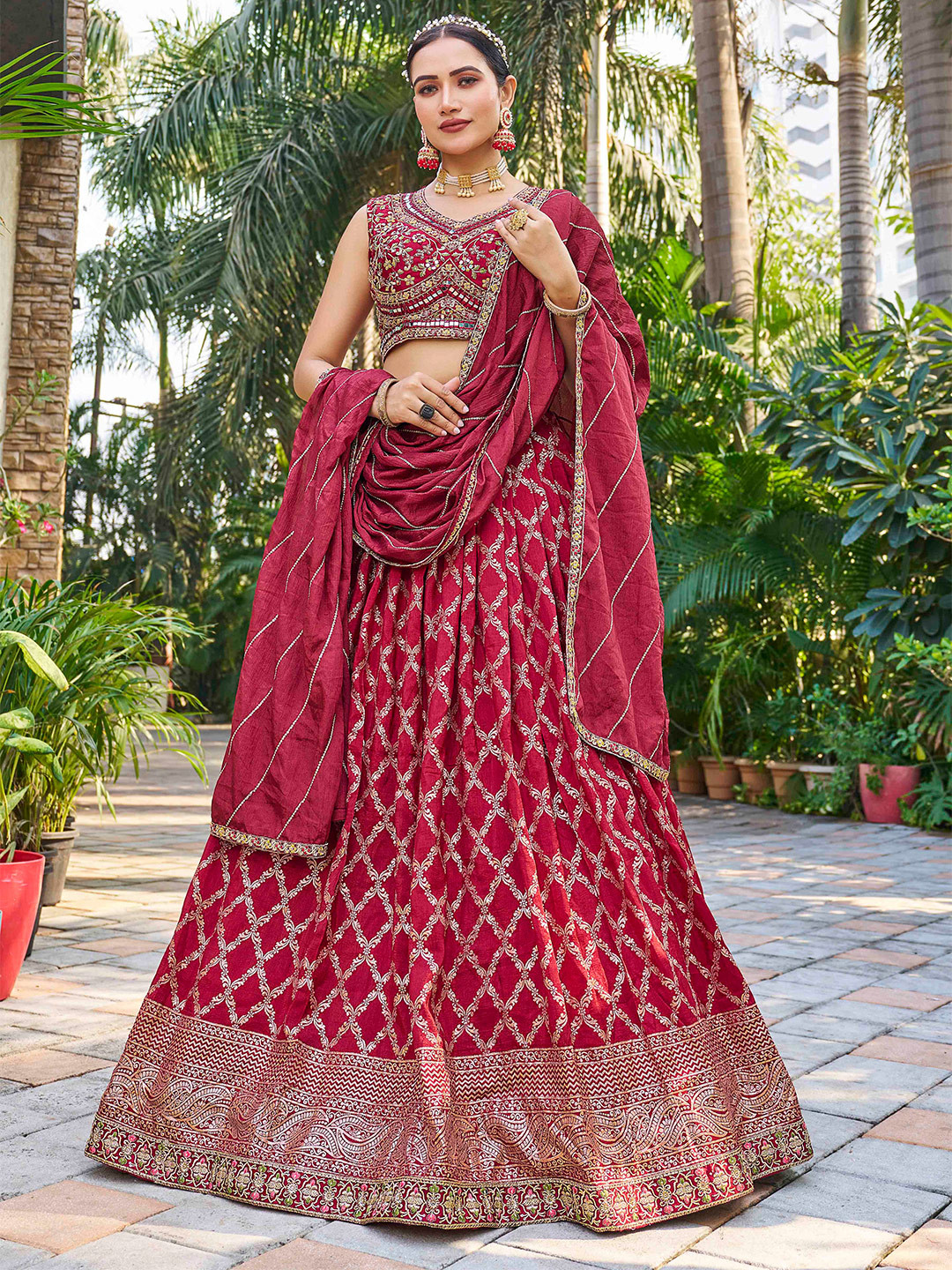 

Chandbaali Embroidered Mirror Work Ready to Wear Lehenga & Blouse With Dupatta, Maroon